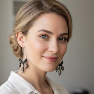 NWT Black Leather Silver Beaded Earrings